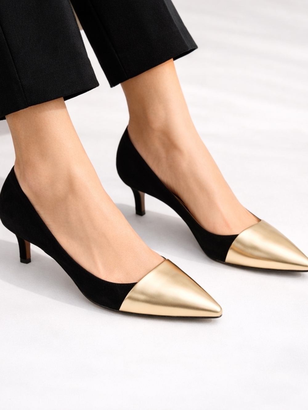 Isaac Mizrahi Black and Gold Pointed-Toe Low Heel Pumps